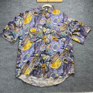 Vintage Goouch Mens Large Silk Abstract Art Print Short Sleeve Button Down Shirt
